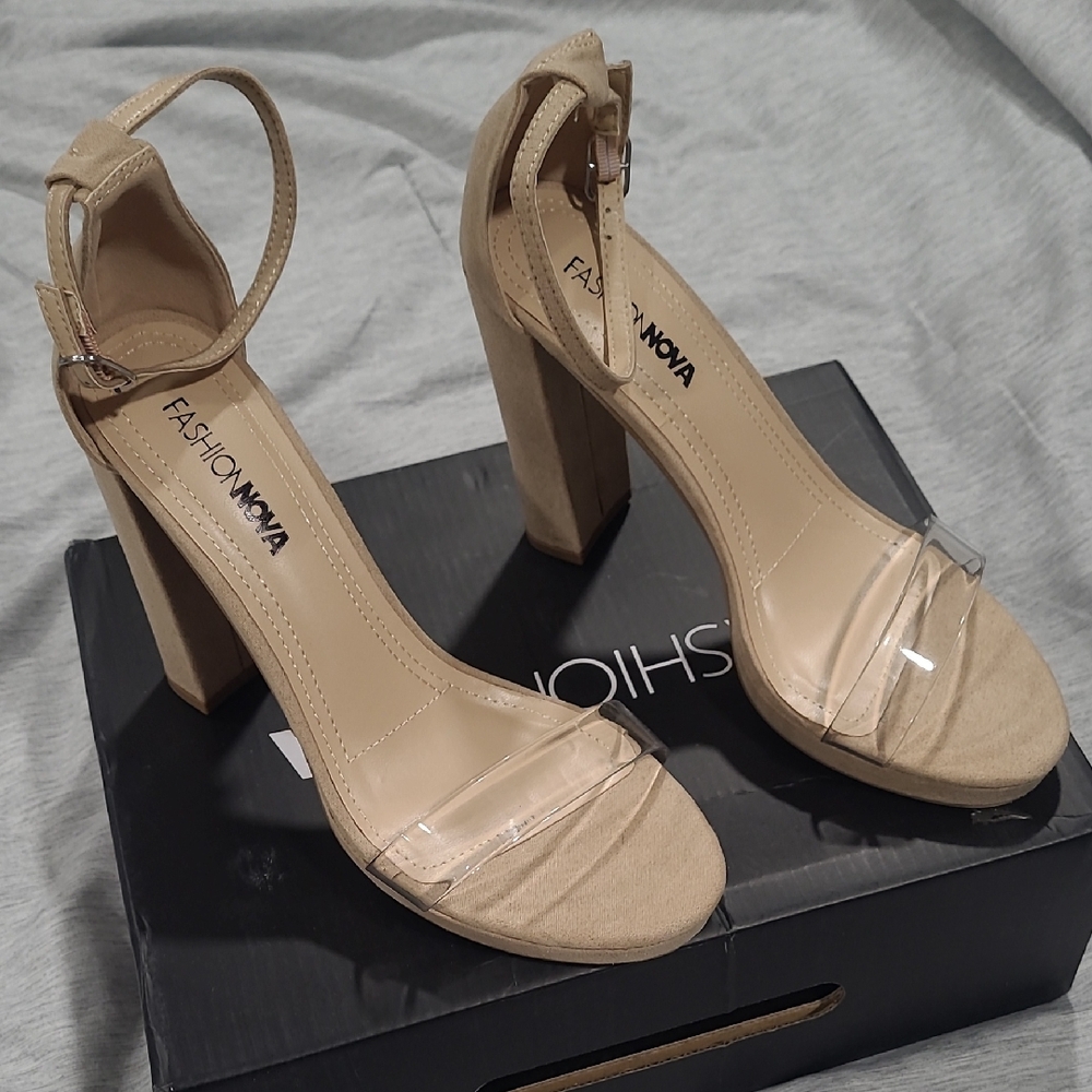 Fashion Nova Beige and Clear Block Heels